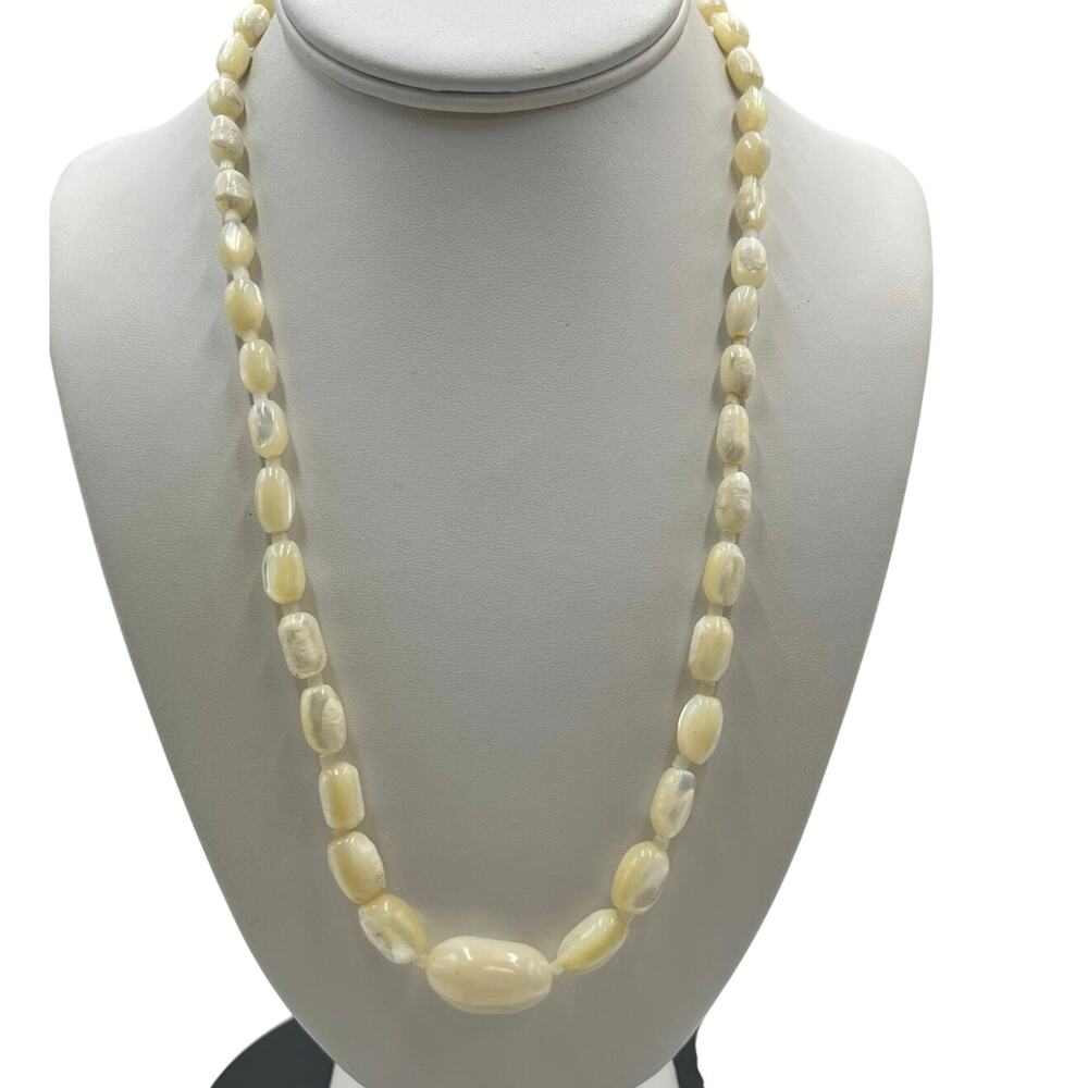 Vintage Natural Mother of Pearl Oval Bead Necklace Lustrous Shell Jewelry Boho